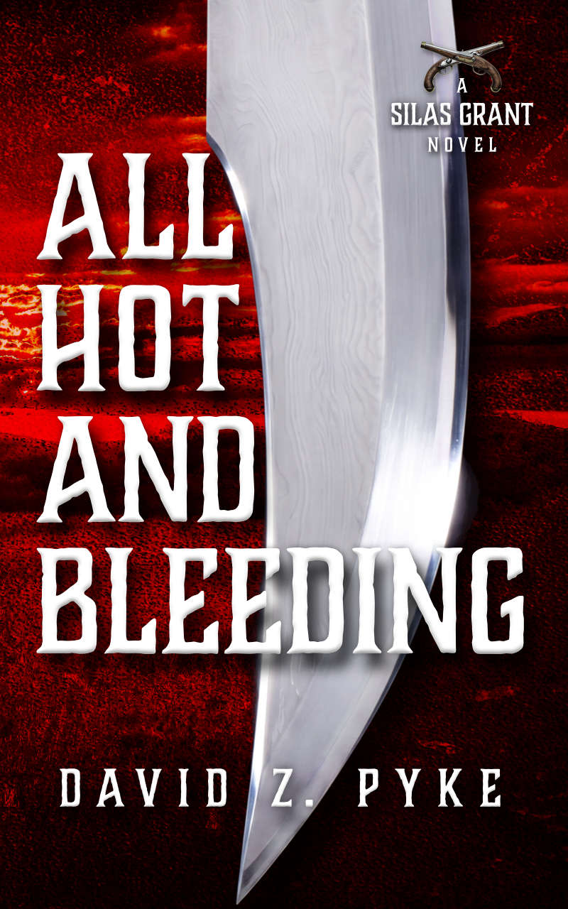 front cover of Western historical fiction novel All Hot and Bleeding, with the blade of a navaja against a blood-red image of the Texas Hill Country